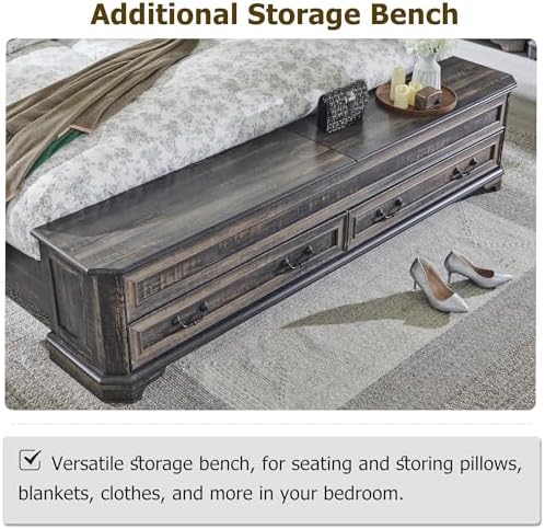T4TREAM Farmhouse Queen Bed with Headboard and Storage Bench