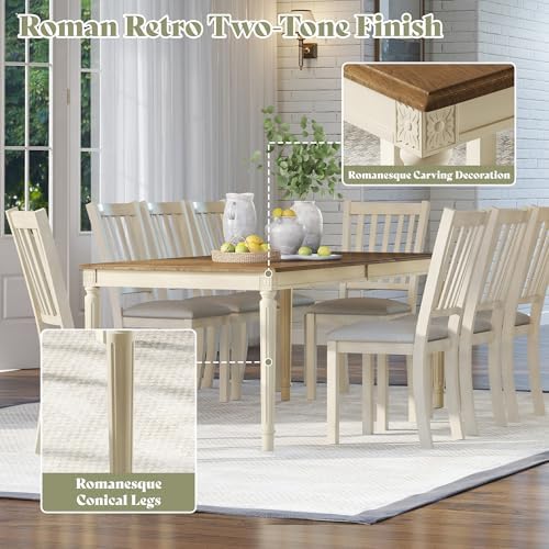 AMERLIFE 79" Rustic Farmhouse Dining Table with Solid Wood Top, Cream