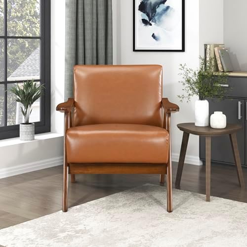 Lexicon Faux Leather Accent Chair with Walnut Wood Frame, Brown