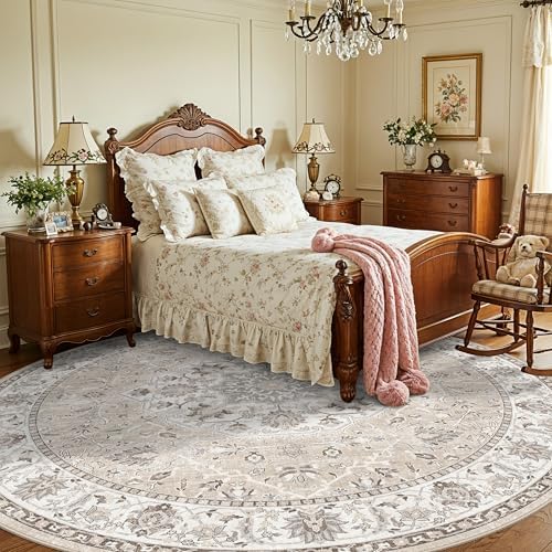 Washable 8ft Round Area Rug - Living Room Oriental Non Slip Soft Rugs Indoor Low Pile Stain Resistant Carpet for Bedroom Dining Room Farmhouse Distressed Thin Home Decor Floor Mat(8Round,Beige)