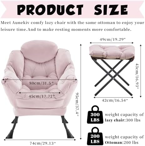 Lazy Chair with Ottoman, Comfy Reading Chair, Pink