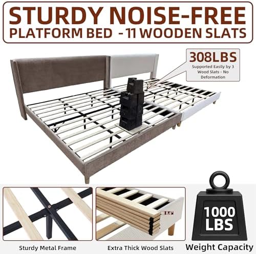 King Corduroy Upholstered Platform Bed with Headboard Wingback, Cream