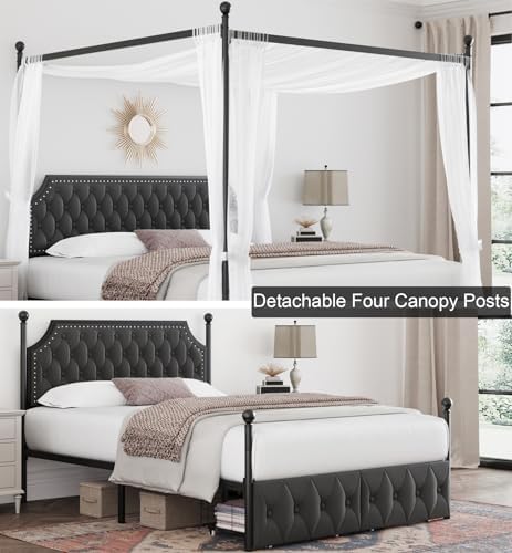 Keyluv Queen Upholstered Canopy Bed Frame with 2 Storage Drawers & Button Tufted Headboard, Metal Platform Bed with 4 Removable Posts, Two-Purpose Velvet Bed, Dark Grey/Curtain Not Included