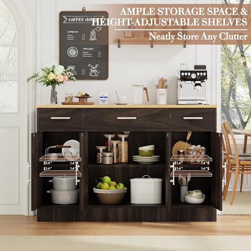 Shintenchi Buffet Cabinet with Storage,53.4" Large Kitchen Storage Cabinet with 3 Drawers and 4 Doors,Wood Farmhouse Buffet Sideboard with Adjustable Shelf for Kitchen Living Room, Brown