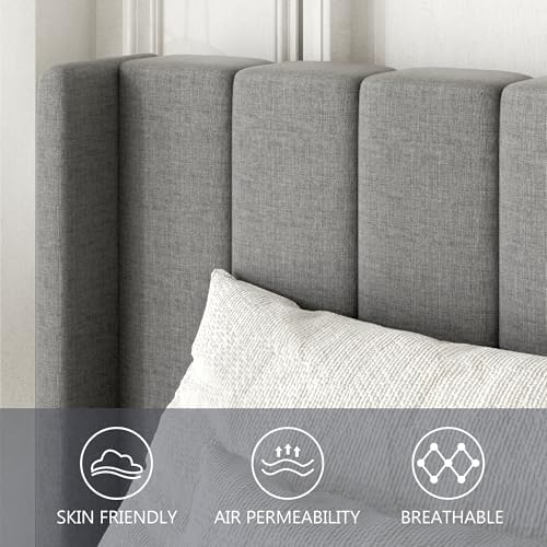 Gruwans Full Size Bed Frame with Upholstered Wingback Headboard, Easy Assemnly Platform Bed, Wooden Slat Support No Box Spring Needed, Light Gray