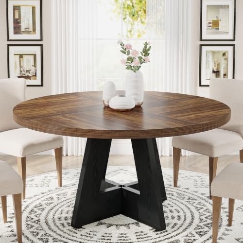 Tribesigns 47 inch Round Dining Table Wood Kitchen Table for Dining Room, 47" Dinner Room Tables for 4-6, Farmhouse Accent Furniture with Wooden Tabletop and Cross Base, Rustic+Black