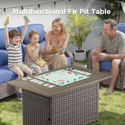 Luxury Patio Furniture Set with Fire Pit Table-4 Pieces High Back Wicker Swivel Rocker Chairs with 6" Extra Thick Cushions, Outdoor Patio Conversation Sets for Garden Deck(Brown/Blue)
