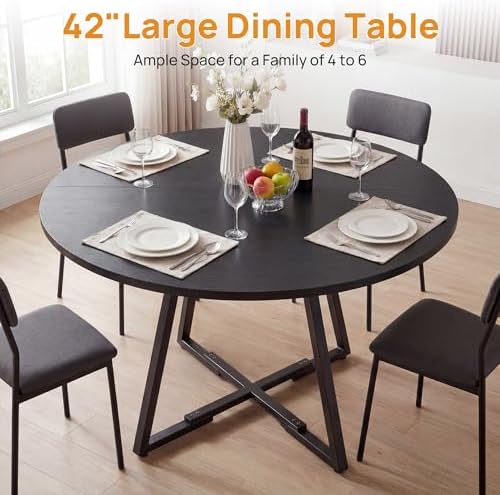 Alpen 42" Round Dining Table for 4-6, Small Kitchen Table with Storage Shelf, Wood Industrial Circle Table with Pedestal Metal Frame, Small Space Table for Apartment, Dining Room, Black