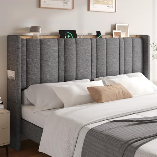 ONBRILL King Size Headboard with Storage, LED Light, Grey