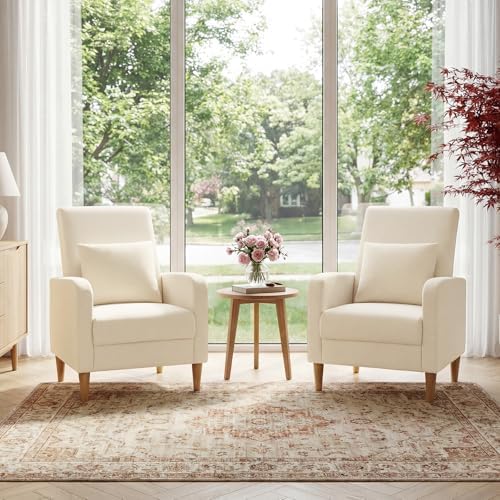 COLAMY Mid-Century Modern Accent Chairs Set of 2, Fabric Upholstered Living Room Chairs with Back Pillow & Solid Wood Legs, Comfy Armchair for Living Room, Bedroom, Single Sofa, Beige