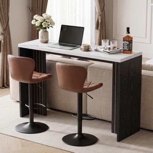 Miereirl 55" Bar Table, Marble Bar Height Table, 36.4" High Pub Table with Thick Tabletop, Narrow Entryway Table Sofa Table, Counter Height Dining Table for Living Room, Kitchen (White and Black
