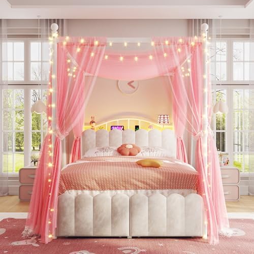 Homkdom Full Canopy Bed Frame with 2 Drawers & LED & Charging,White