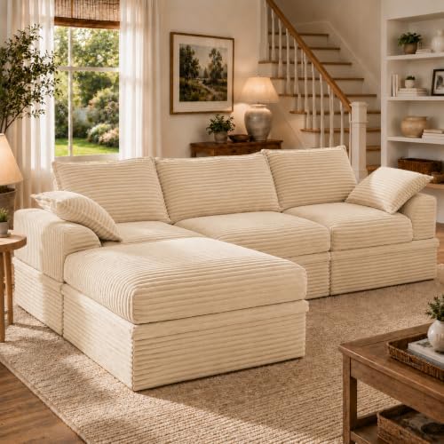 Upgraded Boneless Couch with Storage, Sectional Couches for Living Room, L-Shaped Modular Cloud Corduroy Sofa with Ottoman & Pillows, Oversized Deep Seat Memory Foam Couch, No Assembly, 107" L(Beige)