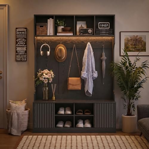 5-in-1 Hall Tree with Bench and Shoe Storage with LED Sensor Light, Black丨Entryway Coat Rack with Hooks and Storage Cubes, Shoe Cabinet with Fluted Door, Modern Hall Tree for Entryway, Living Room