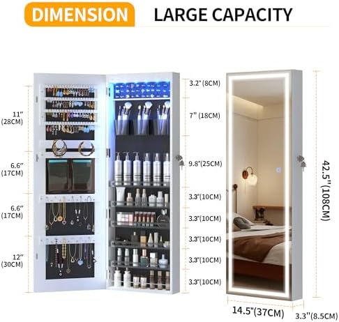 LVSOMT Wall Mounted Jewelry Organizer with Full Length Mirror, 42.5", White | Over the Door Mirror with Storage, Lockable Jewelry Cabinet for Earring Ring Necklace, Large Capacity, Gift for Women
