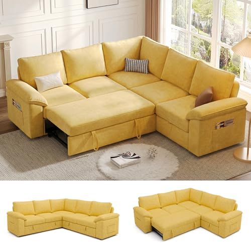 85'' Modular Sectional Sofa with Pull Out Bed, Sleeper Sofa, Yellow