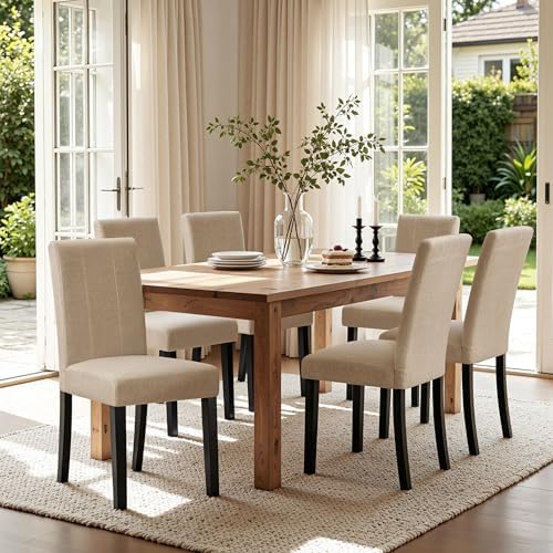 HOMYZOO Dining Chairs Set of 6, Upholstered Dining Room Chairs with Padded Seat & Solid Wood Legs, Modern Farmhouse Kitchen Chairs for Living Room/Restaurant/Cafe, Oatmeal