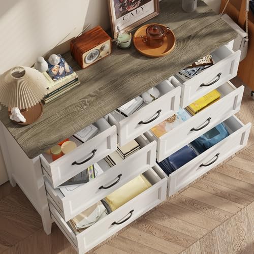 Gizoon 3 PCS Bedroom Furniture Set, 7 Drawer Dresser and 2 Nightstands with Charging Station, with Modern Grey Wooden Tabletop