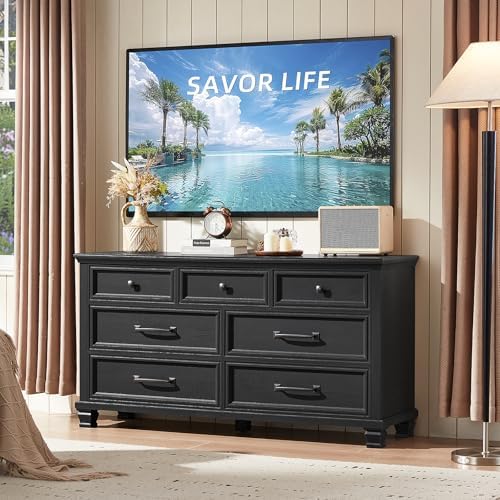 SAVOR LIFE Farmhouse Dresser and Nightstand Sets 4 Piece, Black