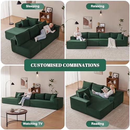 Mangodan 140” Cloud Sectional Couch, Modular Sectional Sofa with Deep Seat, Boneless Sofa for Living Room, Fluffy Comfy L-Shaped Couch with Left Facing Chaise, No Assembly Required, Green