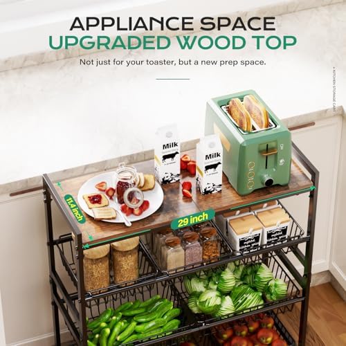 Cinati 4-Tier Utility Kitchen Cart with Wood Top, 29" W Kitchen Storage Cart with 8 Baskets & Handle, Metal Snack Cart with Wheels, Adjustable Pantry Organizer and Storage Cart for Fruit, Vegetables