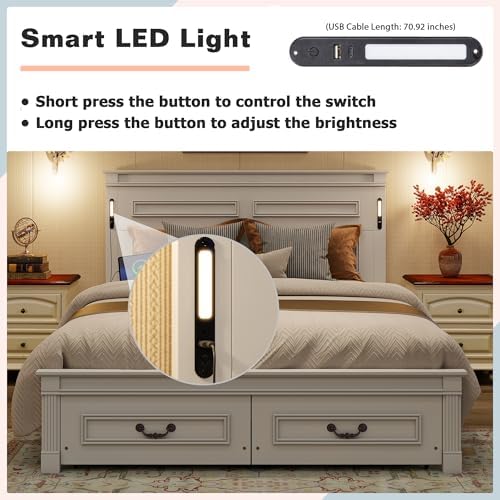 Queen Size Bed Frame with 2 Storage Drawers & Tall-Panel Headboard and Footboard, White Wood Platform Storage Bed Built-in LED Lights, USB Charging Station, No Box Spring Required, Noise-Free
