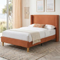 Twin Corduroy Upholstered Platform Bed with Headboard Wingback, Ocher