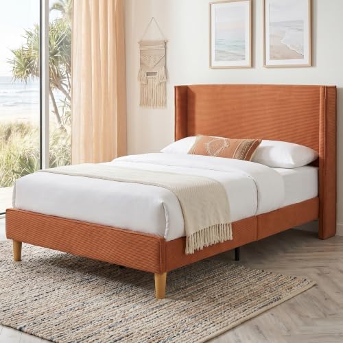 Twin Corduroy Upholstered Platform Bed with Headboard Wingback, Ocher