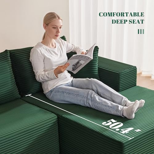 Mangodan 140” Cloud Sectional Couch, Boneless Sofa for Living Room, Modular Sectional Sofa with Deep Seat, Comfy Fluffy L-Shaped Couch with Right-Facing Chaise, No Assembly Required, Green