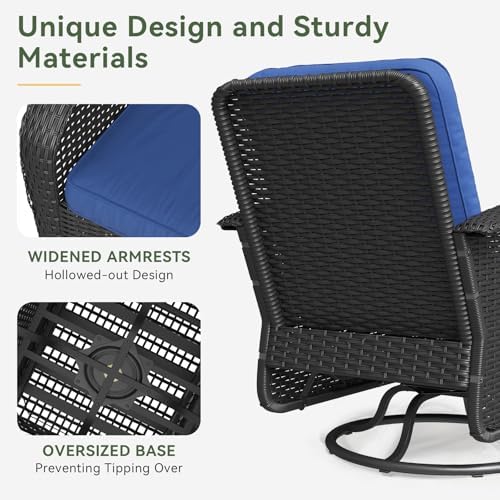 Aoxun 3 Pieces Patio Furniture Set, Patio Swivel Rocker Chairs Set of 2, Wicker Outdoor Bistro Set with Rocking Chair, Thickened Cushions and Table for Porch (Navy Blue)