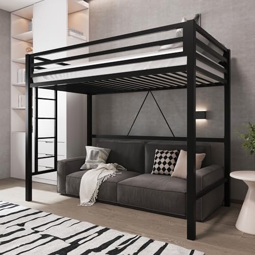 Allewie Metal Loft Bed Twin Size with Guardrail and Ladder,Black