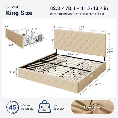 Allewie King Size Storage Bed Frame with 4 Underbed Drawers, Upholstered Platform Bed with Adjustable Headboard, Diamond Button Tufted, Easy Assembly, Noise-Free, No Box Spring Needed, Beige