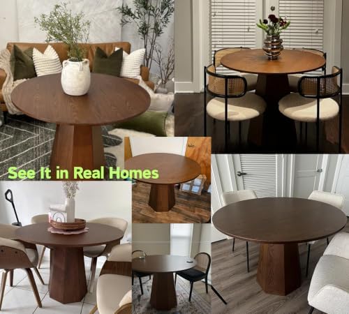 BESTANO 39” Round Solid Wood Dining Table for 4-5 People, Modern Pedestal Small Kitchen Table Circle Tabletop with Walnut Wood Grain Finish, Saving Space, Walnut