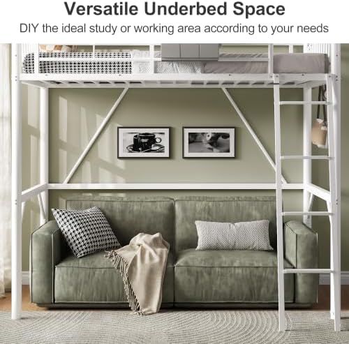 Decofy Metal Loft Bed Twin Size, Heavy Duty Loft Bed with Bedside Caddy, EVA Anti-Slip Ladder with Sturdy Guardrails, Space-Saving Twin Size Loft Bed for Teens & Adults for Bedroom Dorm (White)