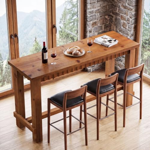 63" Solid Wood Counter Height Bar Table, Rectangular Tall High Top Pub Table with Footrest, Bar Height Dining Table for Kitchen, Dining Room, Walnut Brown
