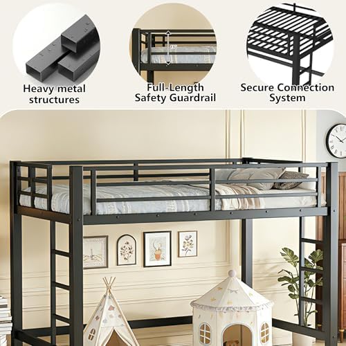 Bellemave Twin Size Loft Bed Frame with 2 Ladder, Sturdy Metal Construction & High Guardrail, Space-Saving Twin Loft Bed for Kids, No Box Spring Needed, Safe for Kids, Adults, Teens, Dorms, Black