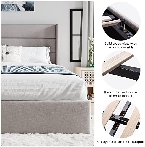 SHA CERLIN Full Size Lift Up Hydraulic Storage Bed Frame Light Beige