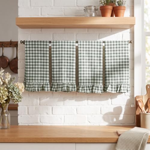 HunnmingRe 4 Pcs Sage Green Gingham Kitchen Towels Cotton Ruffled