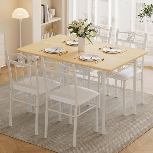 VECELO Dining Table Set for 4, 5-Piece Wood Kitchen Table with Upholstered Padded Chairs for Small Space, Breakfast Nook, Space-Saving, White