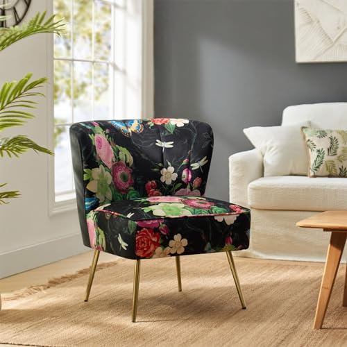 HULALA HOME Accent Chair with Golden Metal Legs, Comfy Tufted Wingback Living Room Chair Floral Fabric Small Armless Side Chair for Bedroom, Reading Room Flower Print