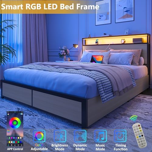 Lifezone Queen Bed Frame with 2-Tier Storage Headboard, Metal Platform Bed Frame with 4 Storage Drawers, Built in Charging Station & LED, Noise-Free/Metal Support/No Box Spring Needed, Beige