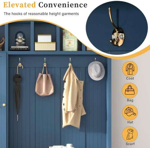 RuiSiSi Entryway Storage Organizer with Top Cabinet, Hooks and Shoe Bench, Navy Blue