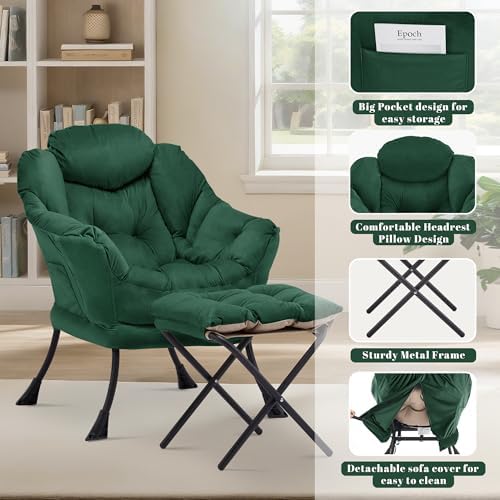 Lazy Chair with Ottoman, Comfy Reading Chair, Emerald Green