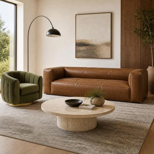 2-Piece Living Room Set, Genuine Leather Sofa + Swivel Chair