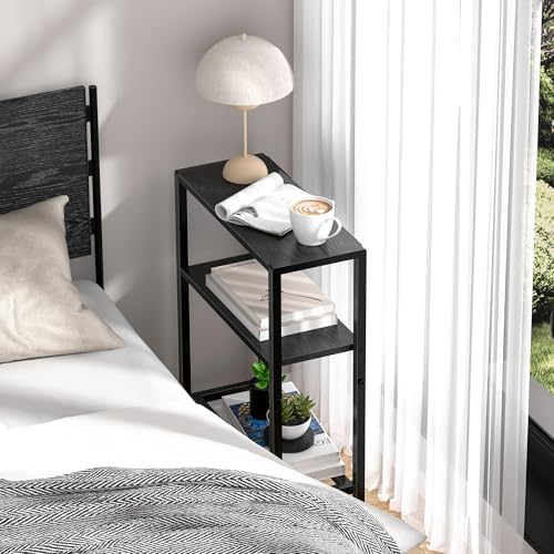 Narrow Side Table Set of 2 for Small Space, 2-Tier Small End Table with Shelf Holder, Slim Nightstand, Skinny Snack Couch Table in Living Room, Bedroom, Study, Kitchen and Balcony (Black)
