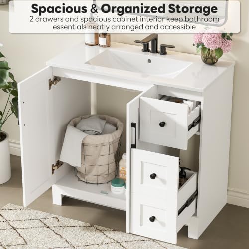 LIKIMIO 36" Bathroom Vanity with Sink, 2 Soft-Close Drawers & Doors, White | Freestanding Bathroom Vanity, Integrated Rectangular Ceramic Sink, Modern Bathroom Storage Cabinet, Assembly Required