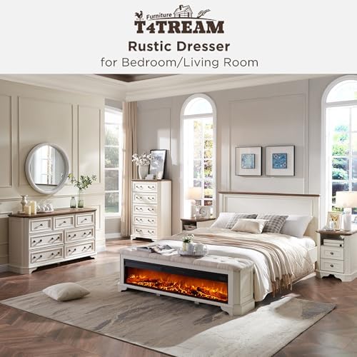 T4TREAM Farmhouse 5 Drawers Dresser for Bedroom, 48" Tall Wood Rustic Chest of Drawers with Natural Texture, Vintage Design, Storage Dressers Organizer for Bedroom, Living Room, Hallway, Antique White