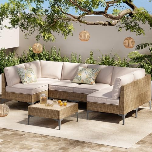 7-Piece Patio Furniture Set, Outdoor Wicker Sectional Sofa with Coffee Table, Anti-Slip & Thick All-Weather Cushions for Party,Garden,Backyard, Beige
