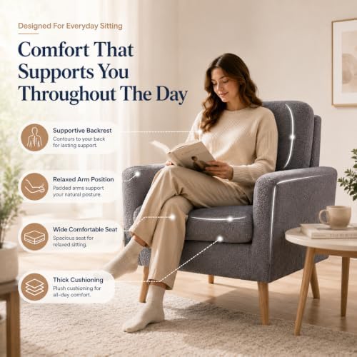 Naomi Home Frida Teddy Fleece Accent Chair, Mid-Century Modern Inspired Armchair with Plush Upholstery, Thick Cushioning & Oak Legs, Cozy Living Room Chair for Bedroom, Reading Nook & Lounge Seating