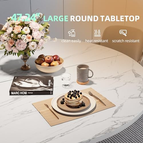 47.24" Round Dining Table for 4-6 Person, Round Kitchen Table with Wood Top, Circle Dinner Pedestal Tables with Metal Legs for Dining Room Kitchen (White Marble)